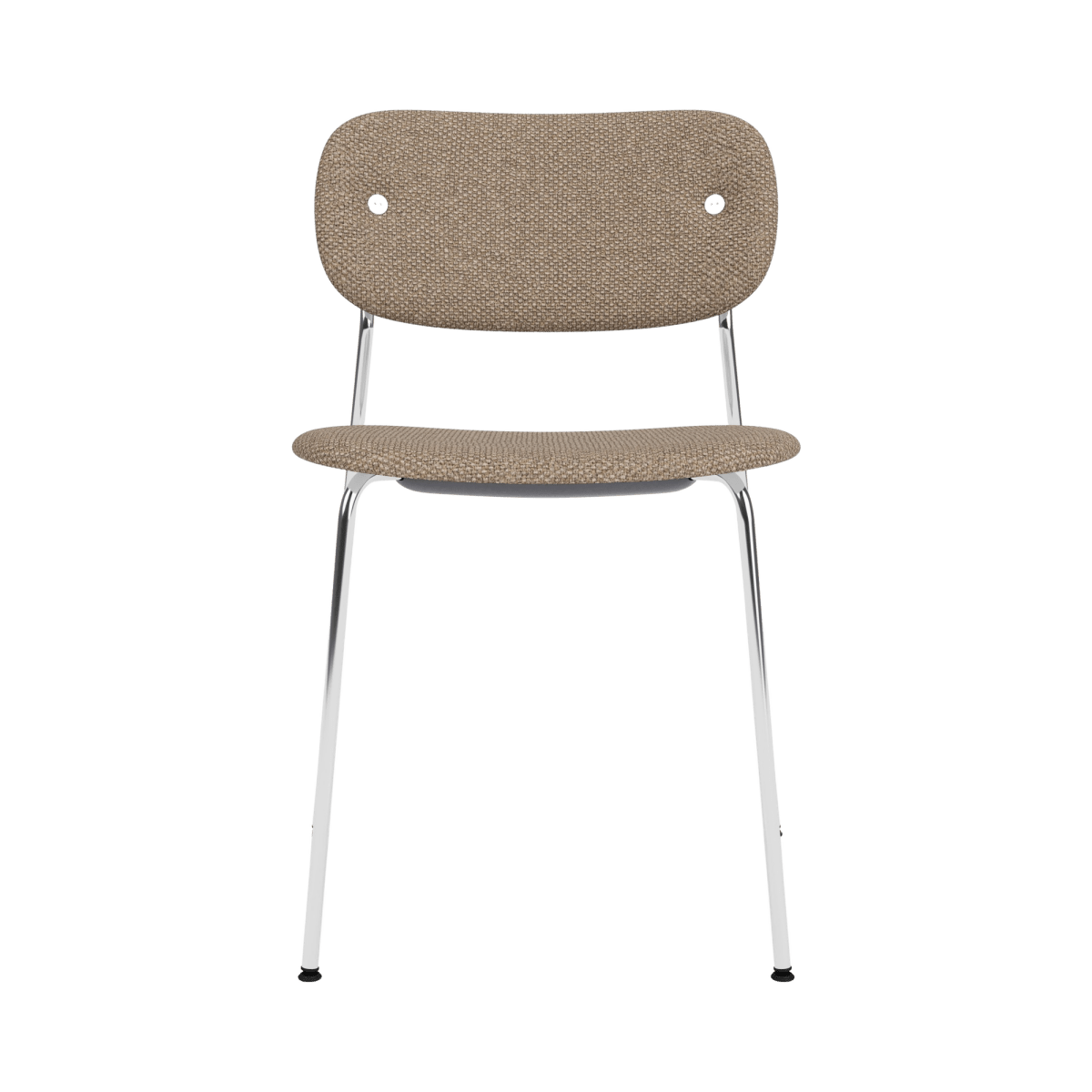 Front view of the fully upholstered Co Dining Chair in Logan Flint fabric with a sleek and polished chrome frame.
