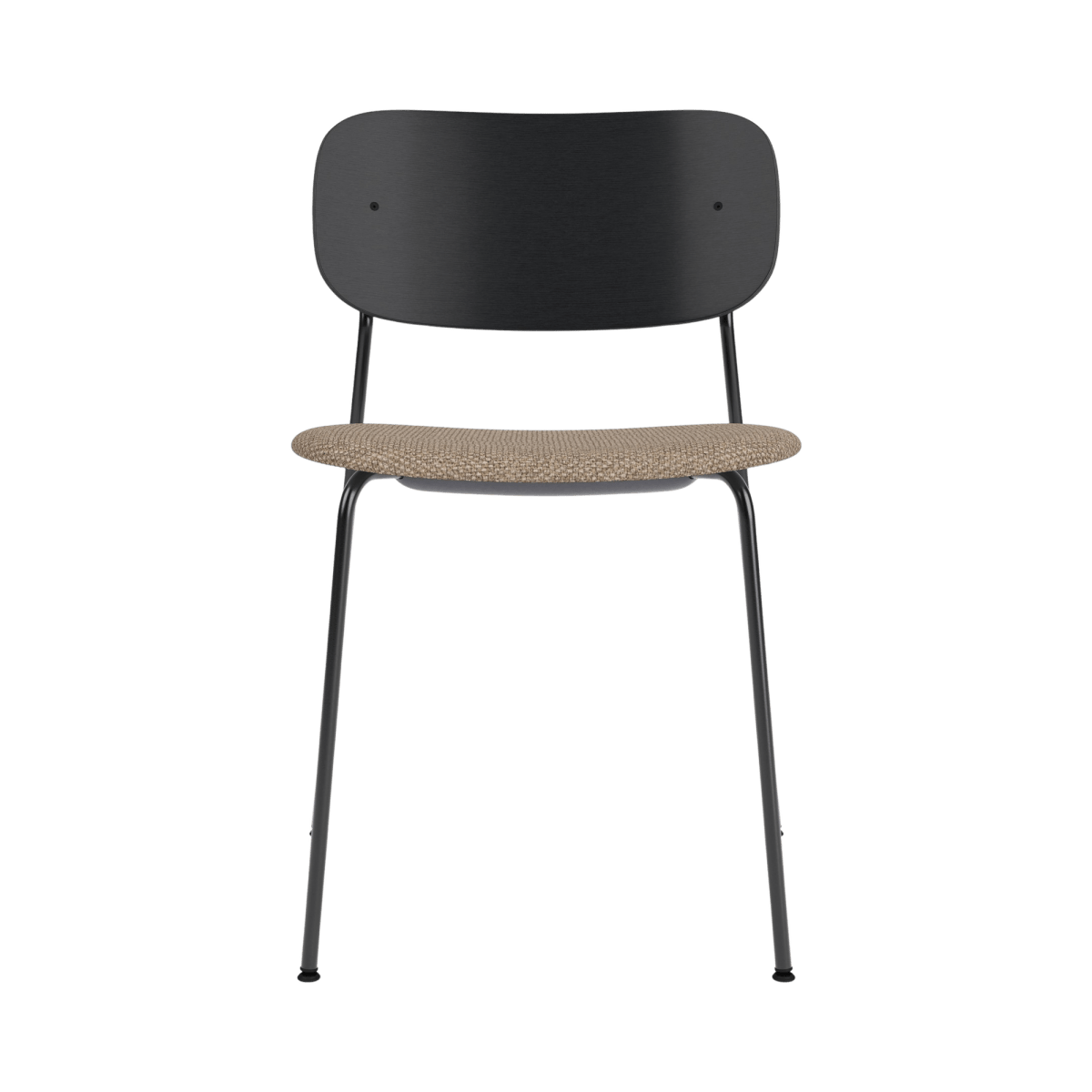 Co Dining Chair with a black painted oak backrest and a Logan Flint upholstered seat, seen from the front.