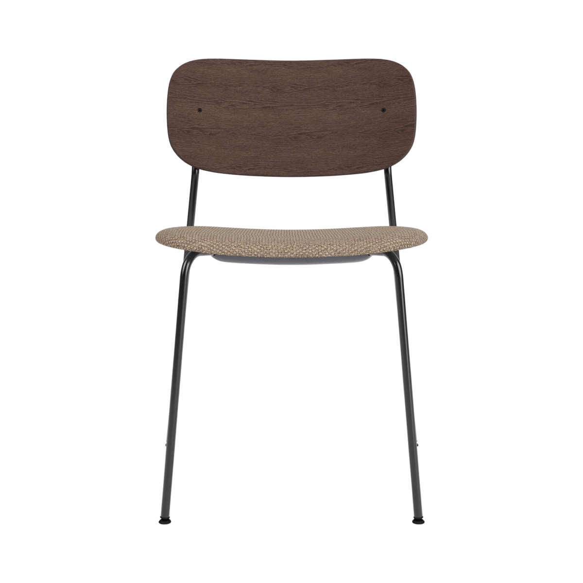 Co Dining Chair without arms featuring a dark stained oak back and Logan Flint upholstered seat on a black steel frame.
