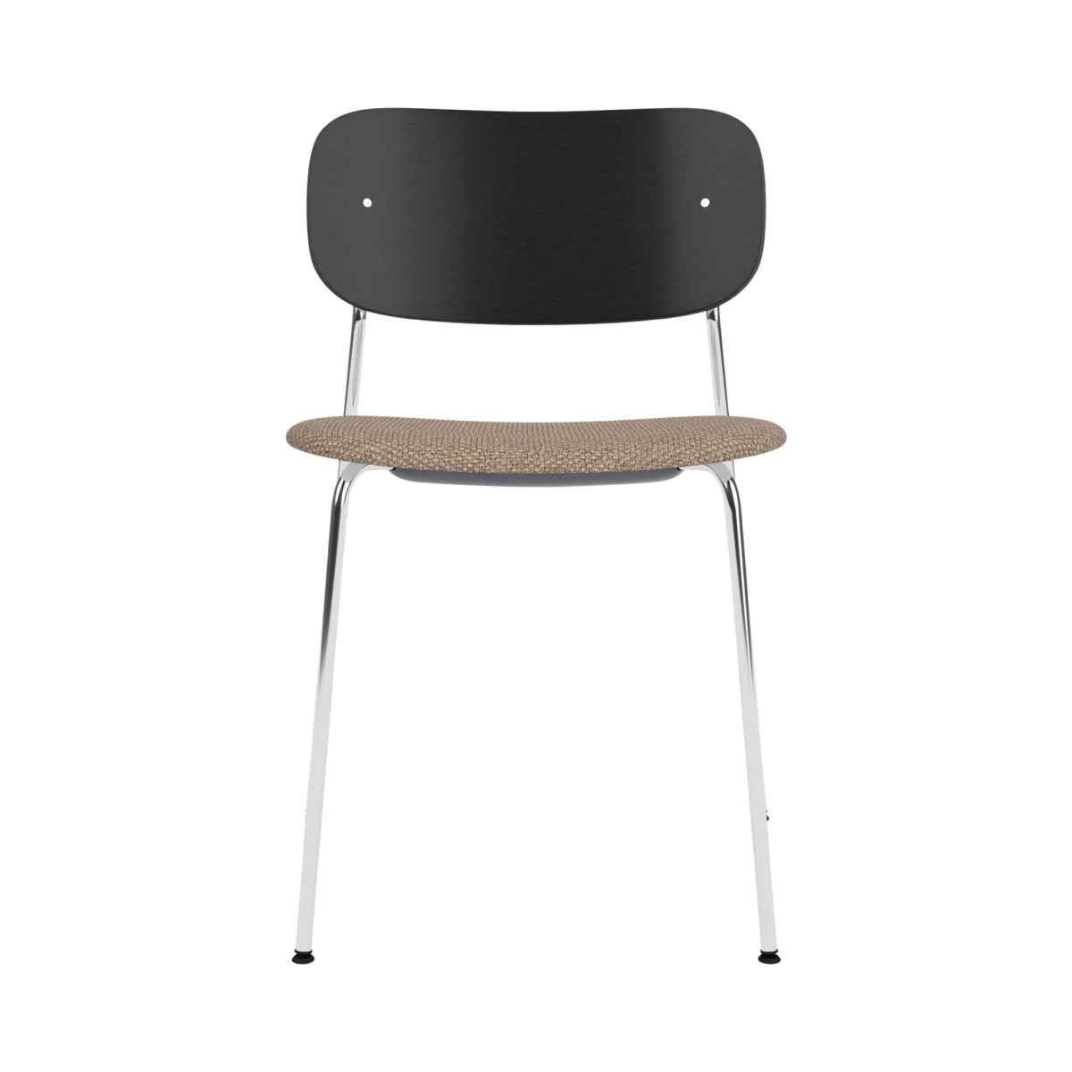 Co Dining Chair with a black painted oak back, chrome frame, and Logan Flint upholstered seat shown from the front.