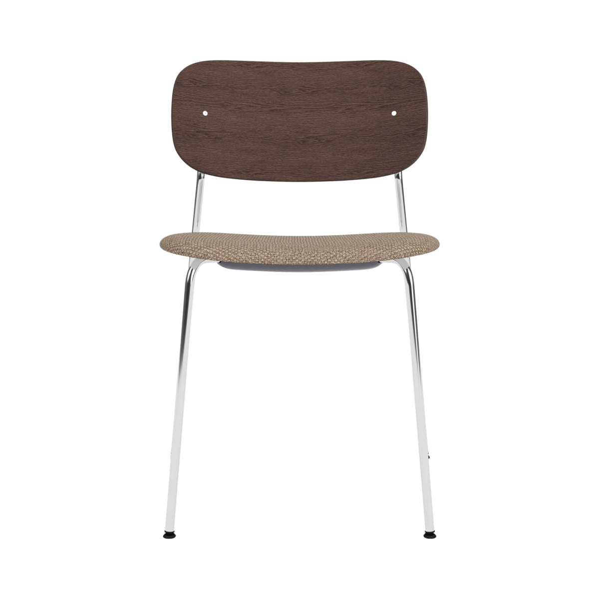 Co Dining Chair without arms, featuring a chrome frame, dark stained oak back, and Logan Flint upholstered seat.