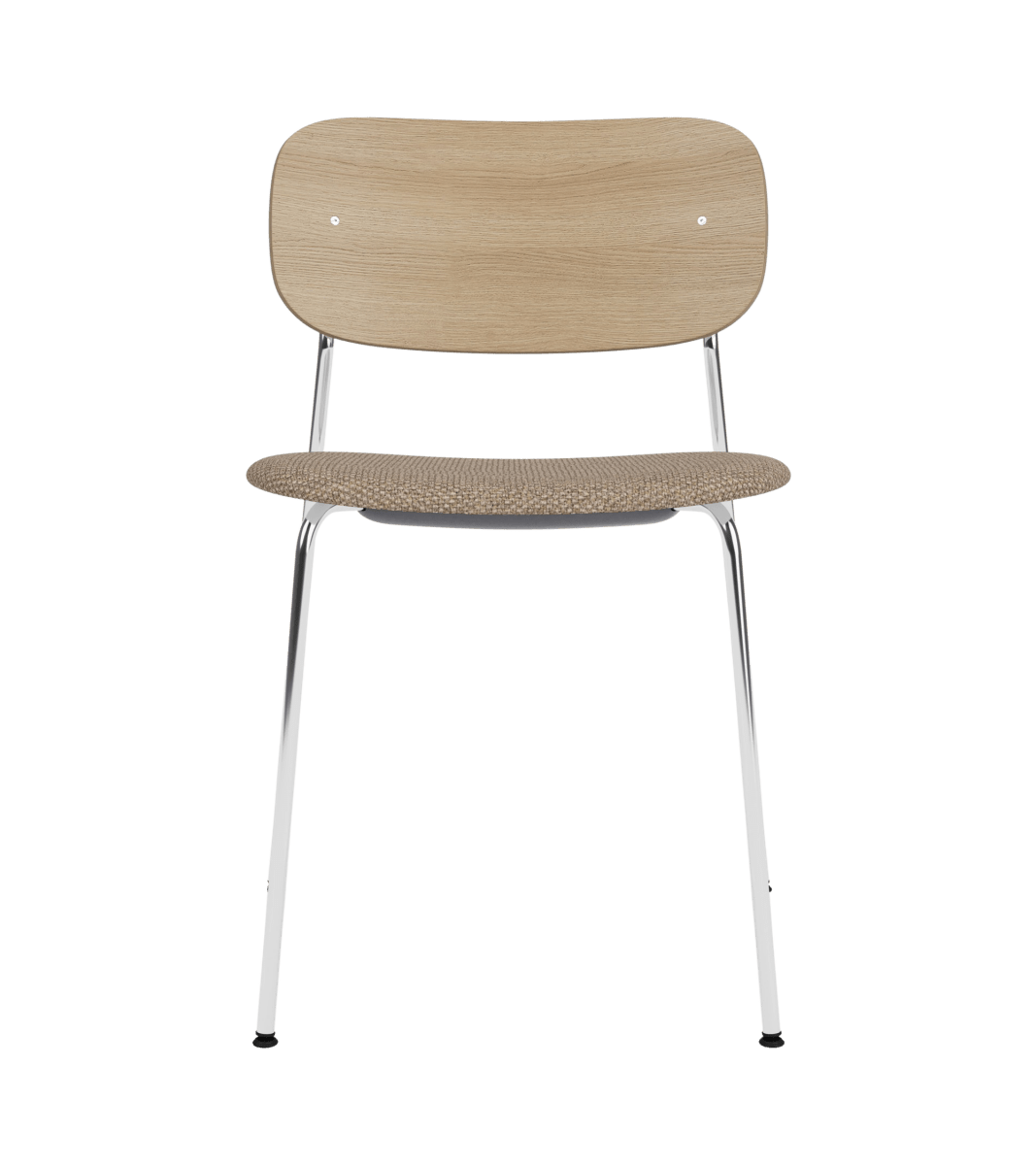 Front view of the Co Dining Chair featuring a natural oak back and Logan Flint upholstered seat with a chrome frame.