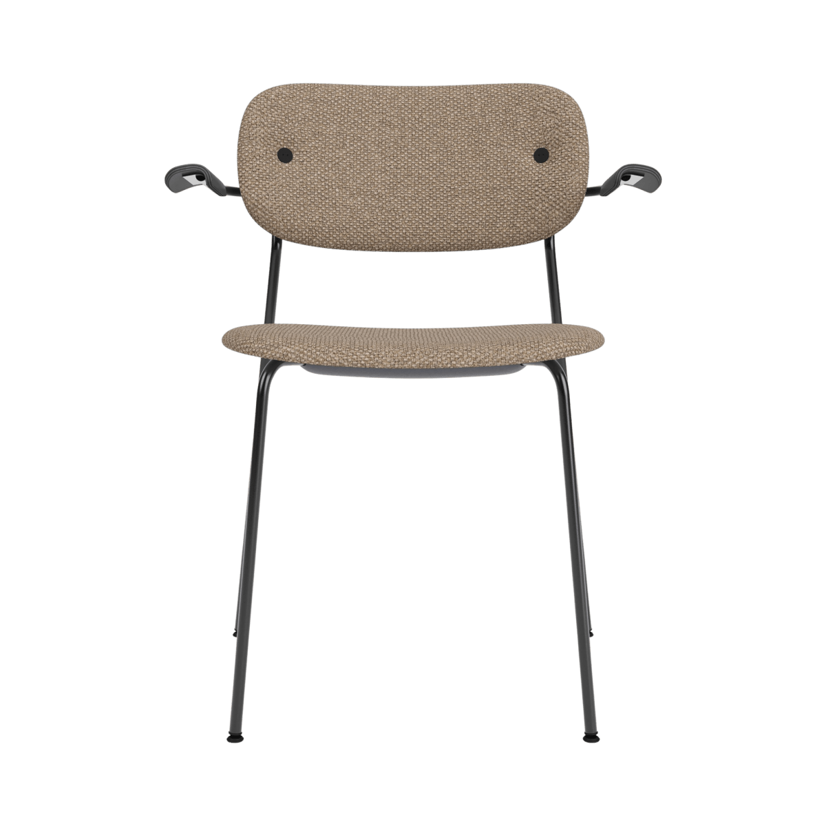 Co Dining Chair with arms, fully upholstered in Logan Flint fabric with a minimalist black steel frame.
