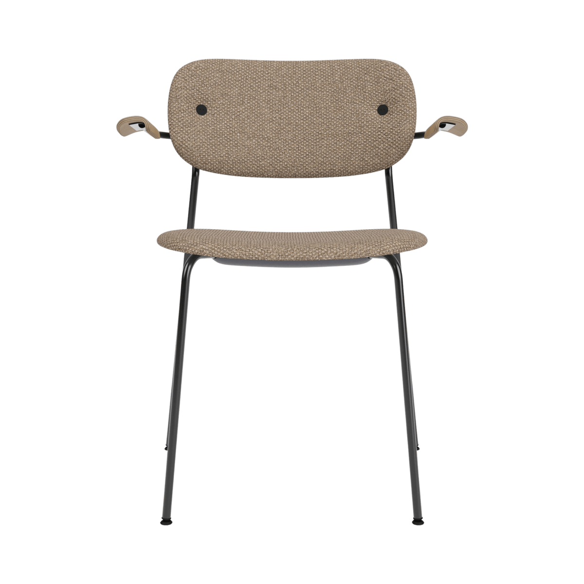 Fully upholstered Co Dining Chair with Arms in Logan Flint, featuring a black steel frame and natural oak armrests.