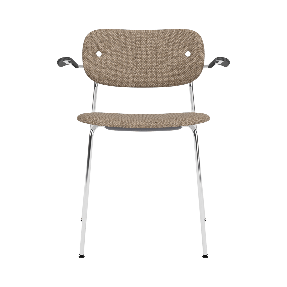 Co Dining Chair with arms featuring a polished chrome frame and textured Logan Flint upholstery in a front-facing view.