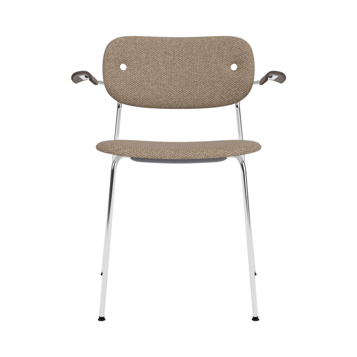 Co Dining Chair with arms, featuring textured Logan Flint upholstery, dark stained oak armrests and a sleek chrome frame.