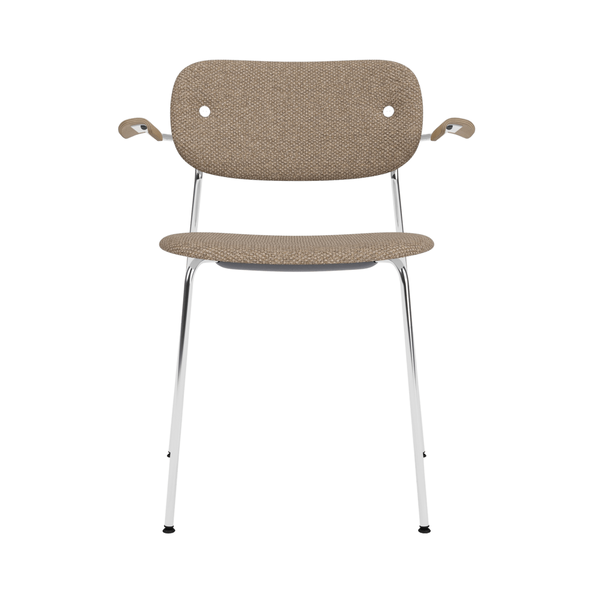 Co Dining Chair with arms in Logan Flint upholstery, featuring a chrome frame and natural oak armrest details.