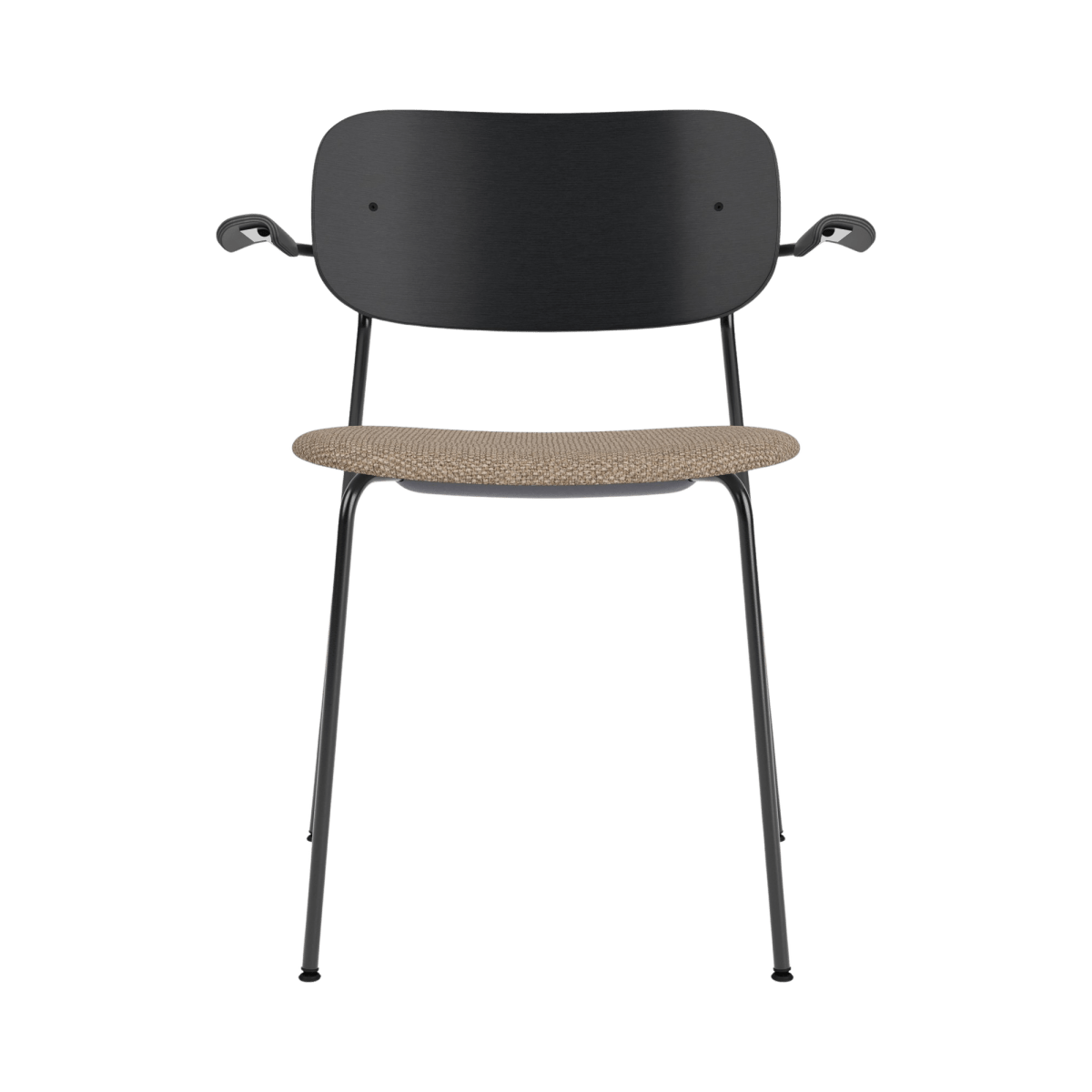 Rear view of the Co Dining Chair with Arms, featuring a black painted oak back and Logan Flint upholstered seat.