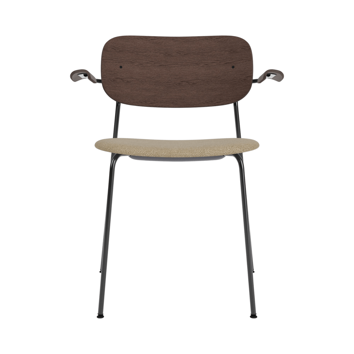 Co Dining Chair with Arms featuring a dark stained oak back, beige bouclé upholstered seat, and black steel frame.