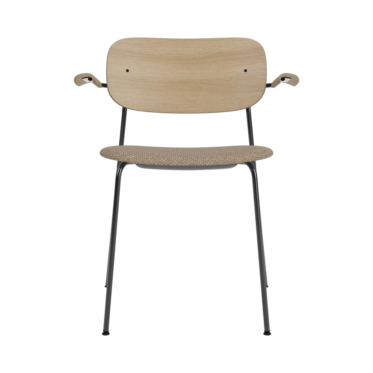 Co Dining Chair with arms, featuring a black steel frame, natural oak backrest, and textured Logan Flint upholstered seat.