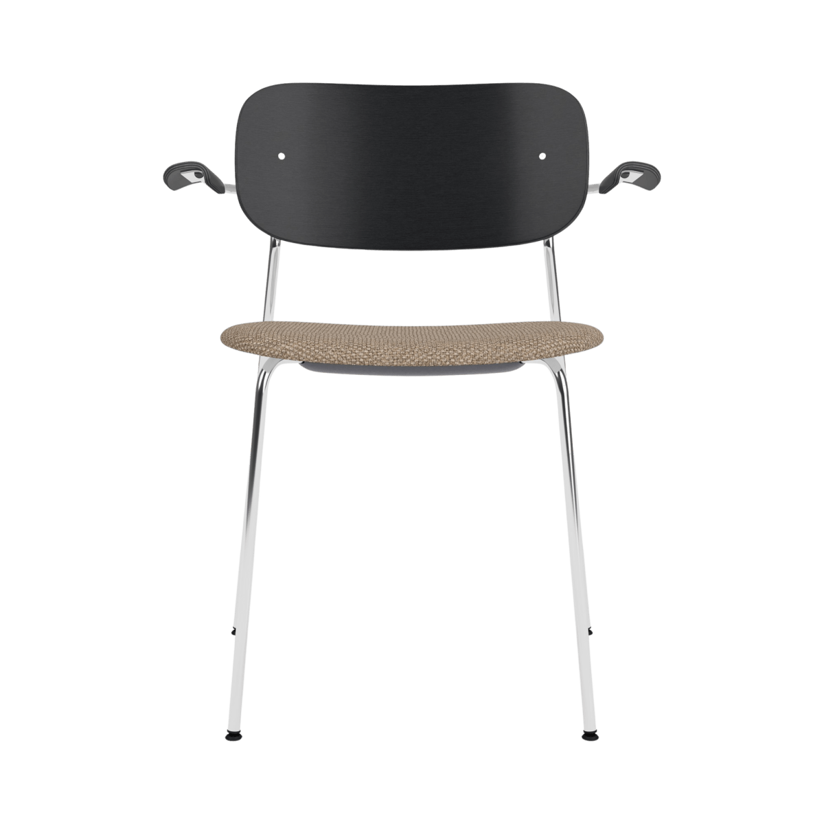 Co Dining Chair with arms in black oak and Logan Flint upholstery, supported by a slender, polished chrome frame.