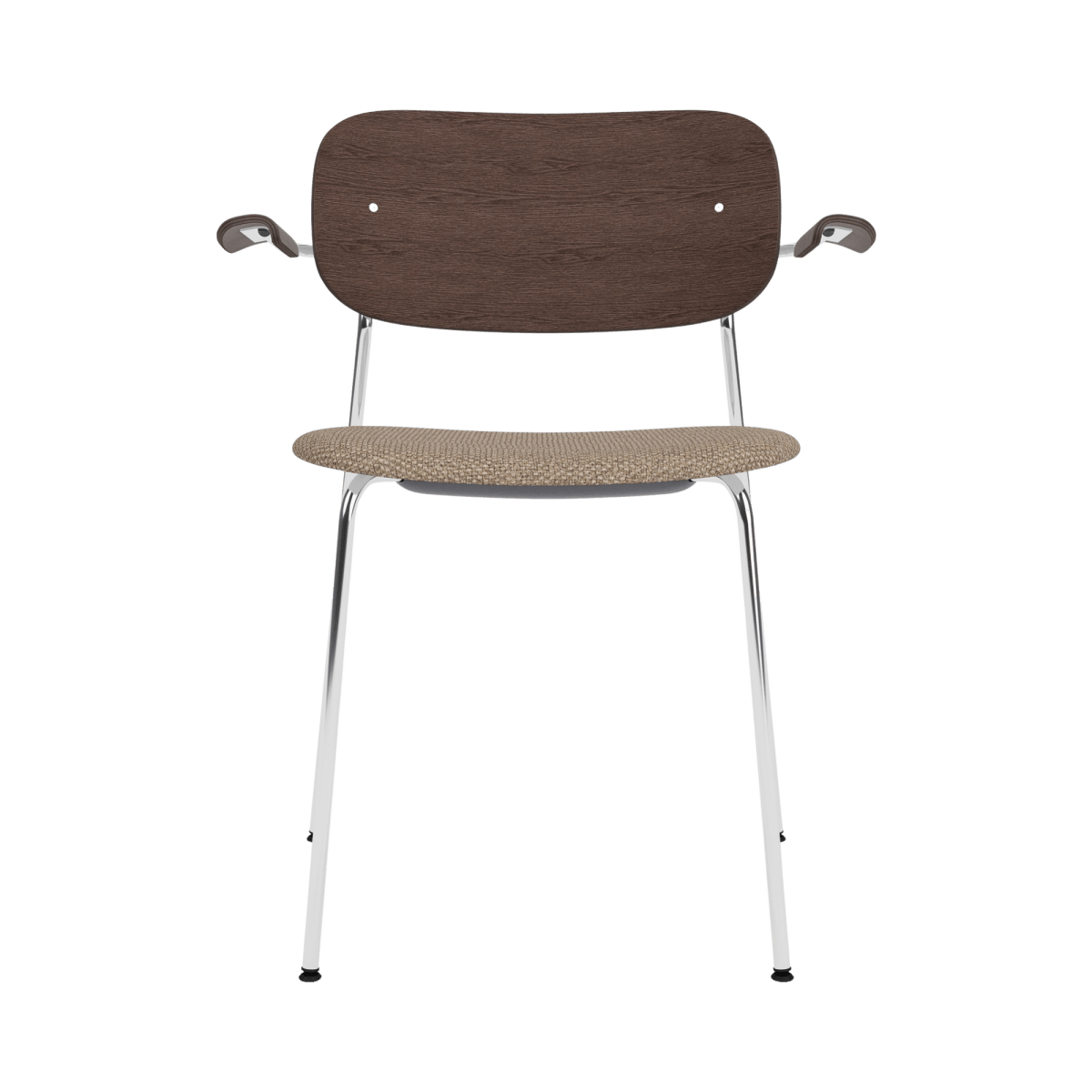 Co Dining Chair with Arms featuring a dark stained oak back, Logan Flint upholstered seat, and a polished chrome frame.