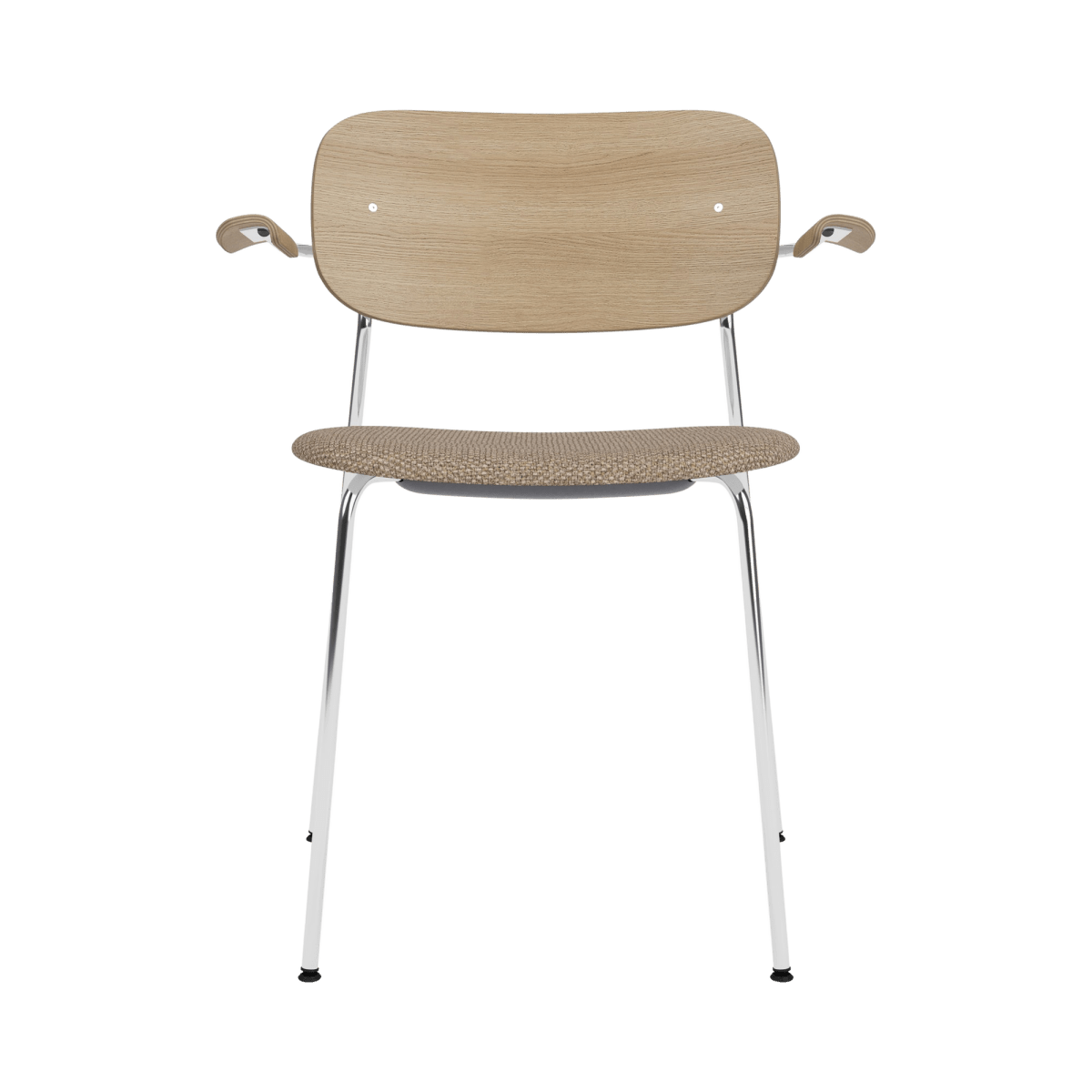Front view of the Co Dining Chair With Arms, featuring a chrome frame, natural oak back, and Logan Flint seat.