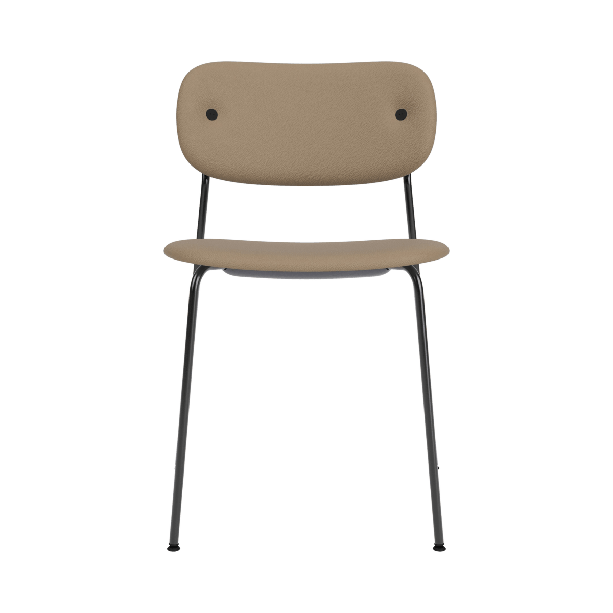 Front view of the Co Dining Chair, Without Arms, featuring tan Sierra upholstery and a slender black steel frame.