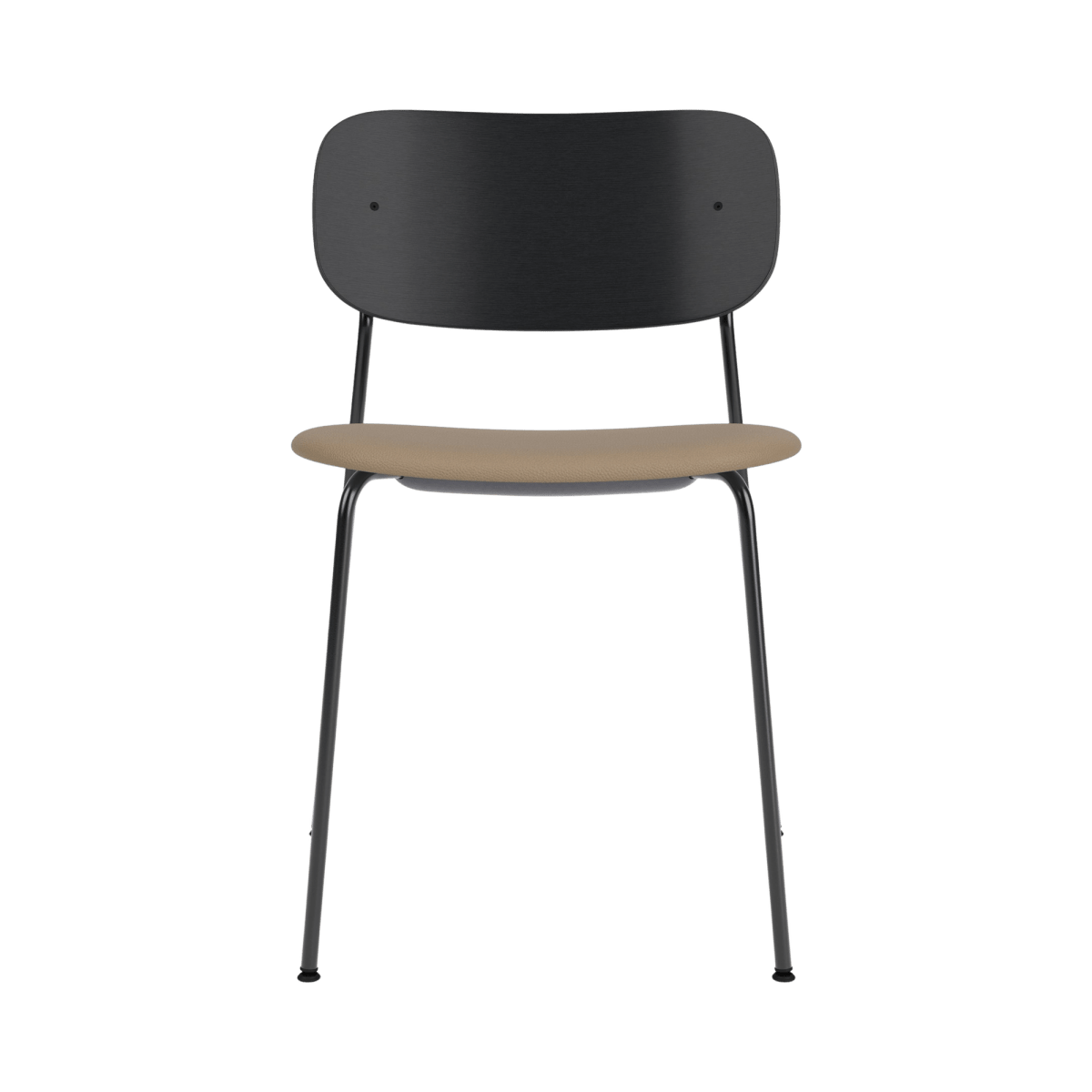 Co Dining Chair with a black painted oak back and tan Sierra 1611 leather seat on a slender black steel frame.