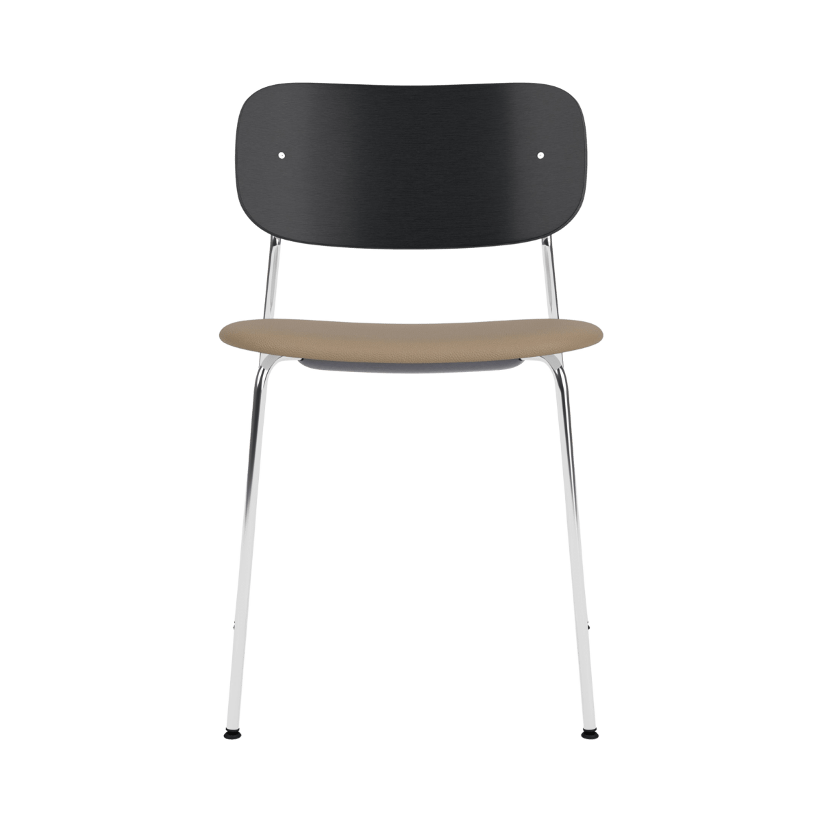 Co Dining Chair with a sleek chrome frame, black painted oak back, and tan Sierra 1611 leather upholstered seat.