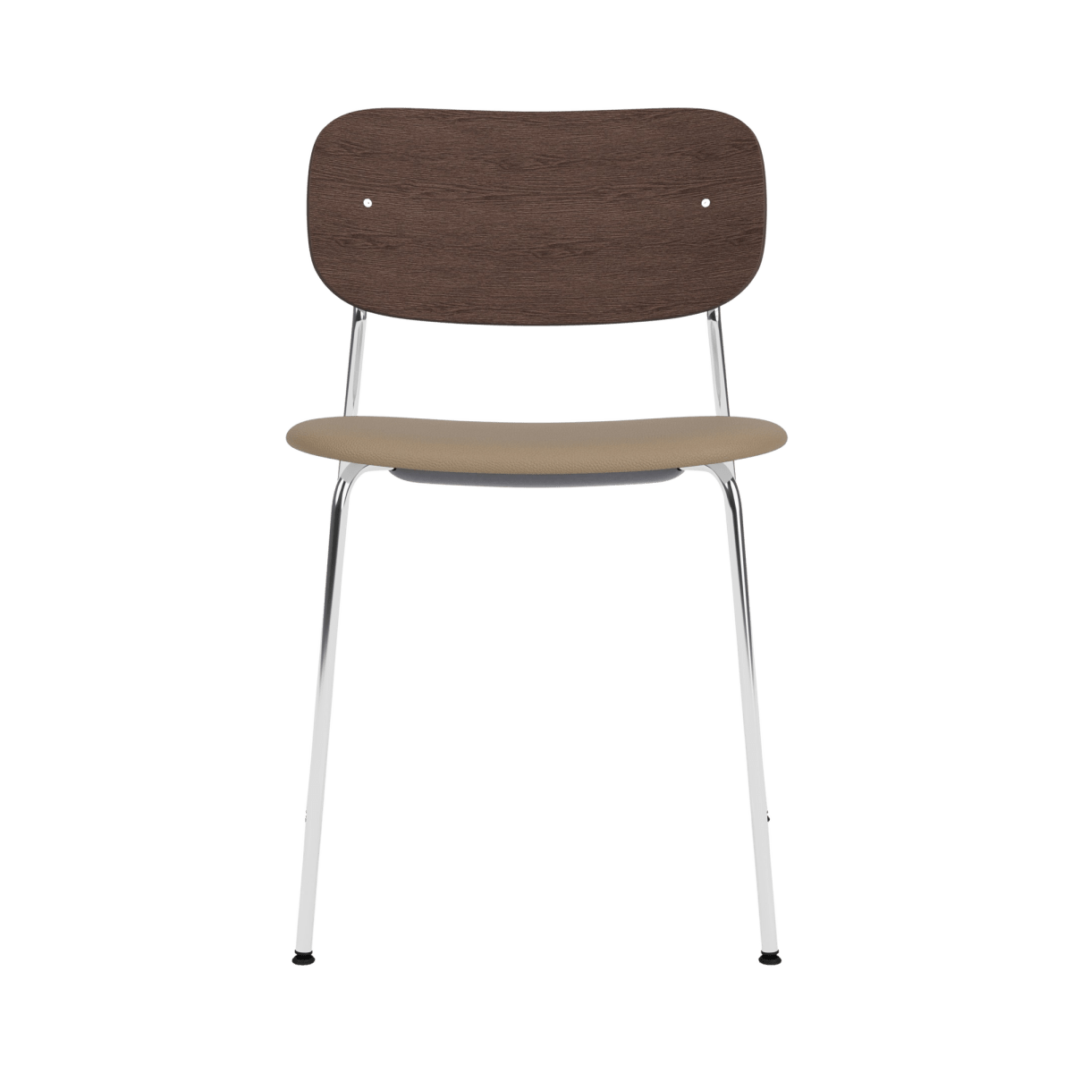 The Co Dining Chair without arms features a dark stained oak back, tan Sierra 1611 leather seat, and a sleek chrome frame.