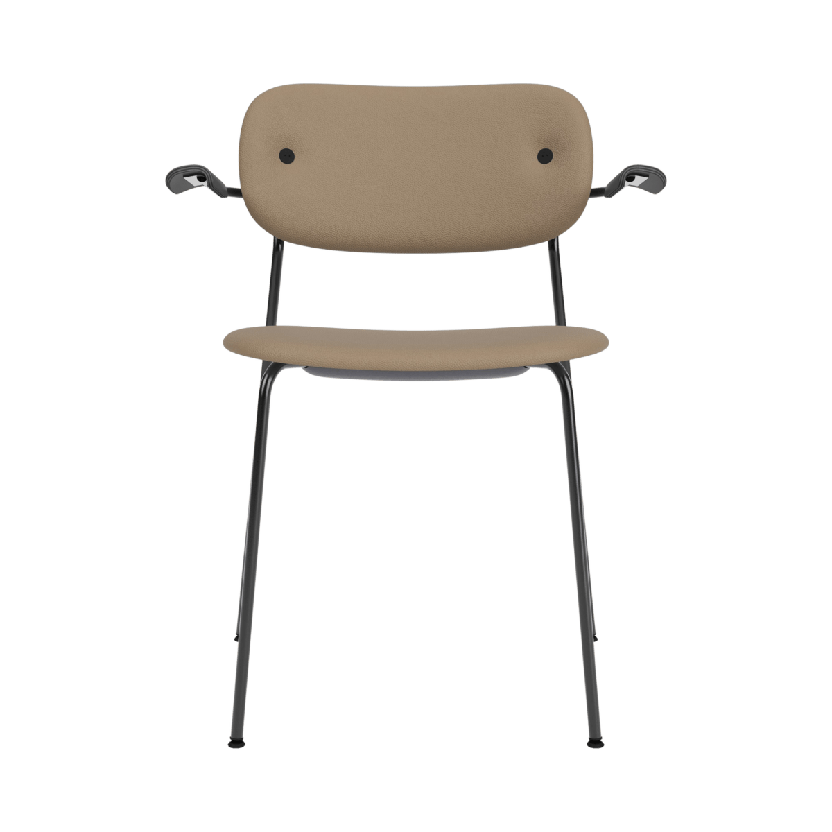 Co Dining Chair with arms, fully upholstered in tan Sierra 1611 leather with a sleek black steel frame.