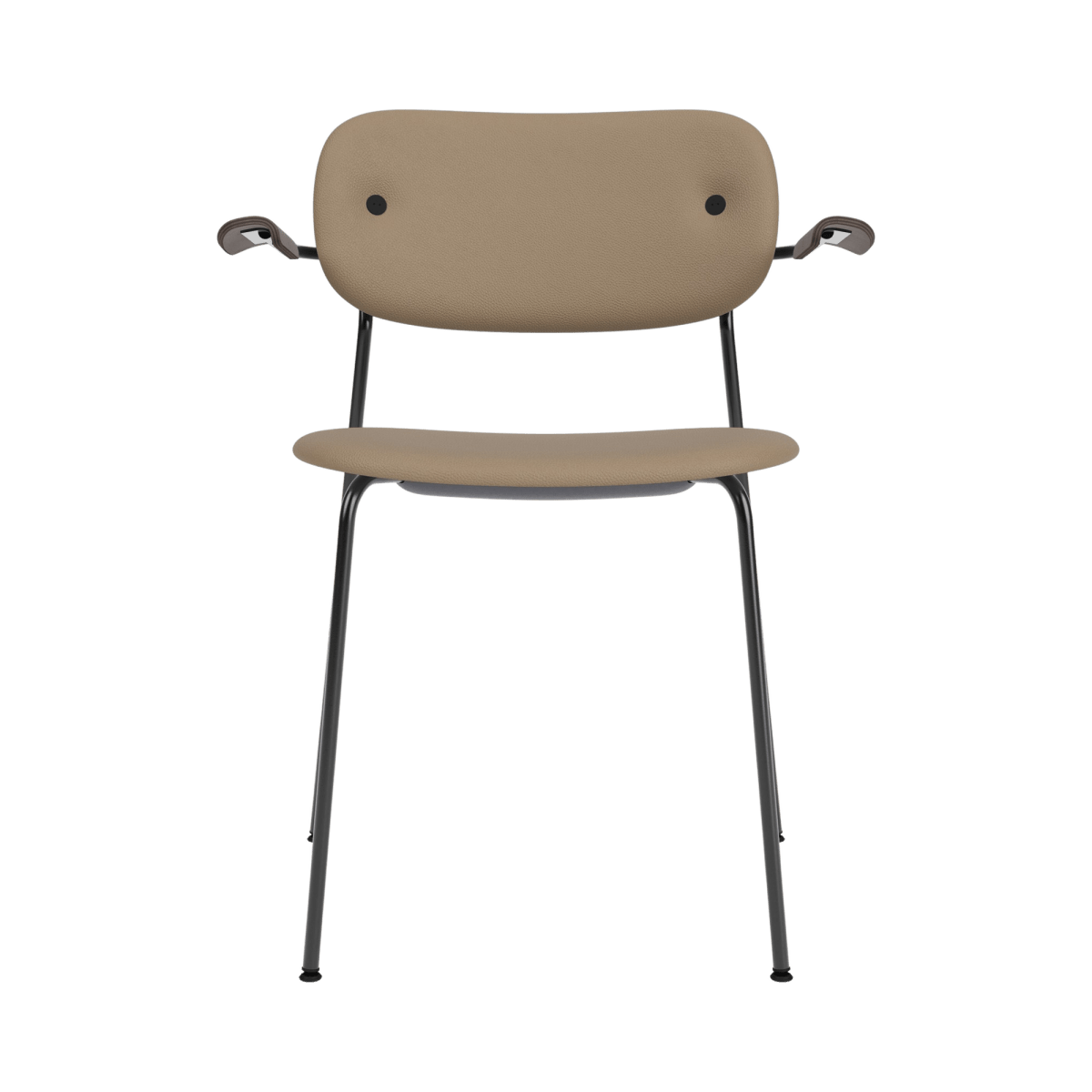 Co Dining Chair with Arms in tan Sierra 1611 upholstery with dark stained oak armrests and a sleek black steel frame.