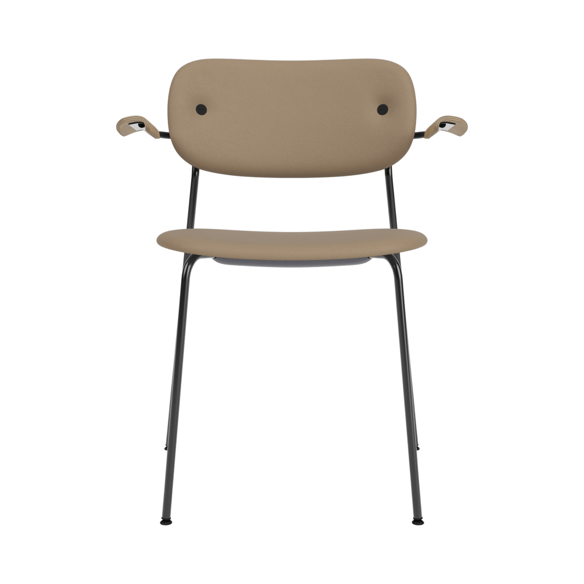 Front view of the Co Dining Chair with arms, featuring tan Sierra 1611 upholstery and natural oak armrests on a black frame.