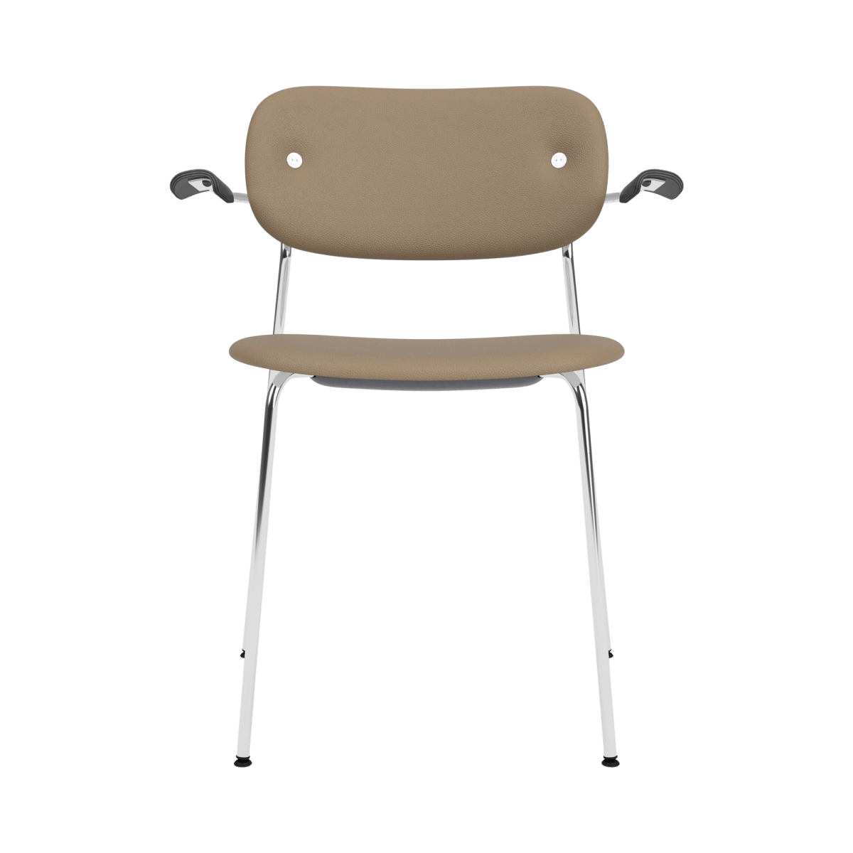 Co Dining Chair with arms featuring tan Sierra 1611 upholstery, a polished chrome frame, and black painted oak armrests.