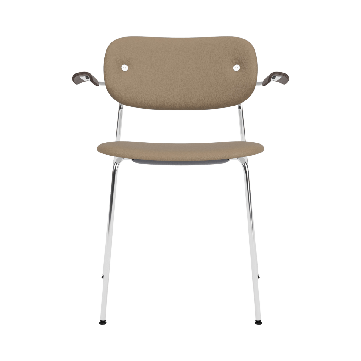Fully upholstered Co Dining Chair with arms, featuring tan Sierra 1611 leather, chrome legs, and dark oak armrests.