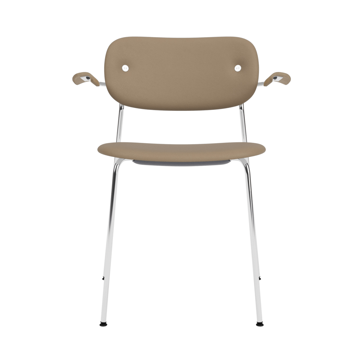 Fully upholstered Co Dining Chair with arms in tan Sierra 1611 leather, with a chrome frame and natural oak armrests.