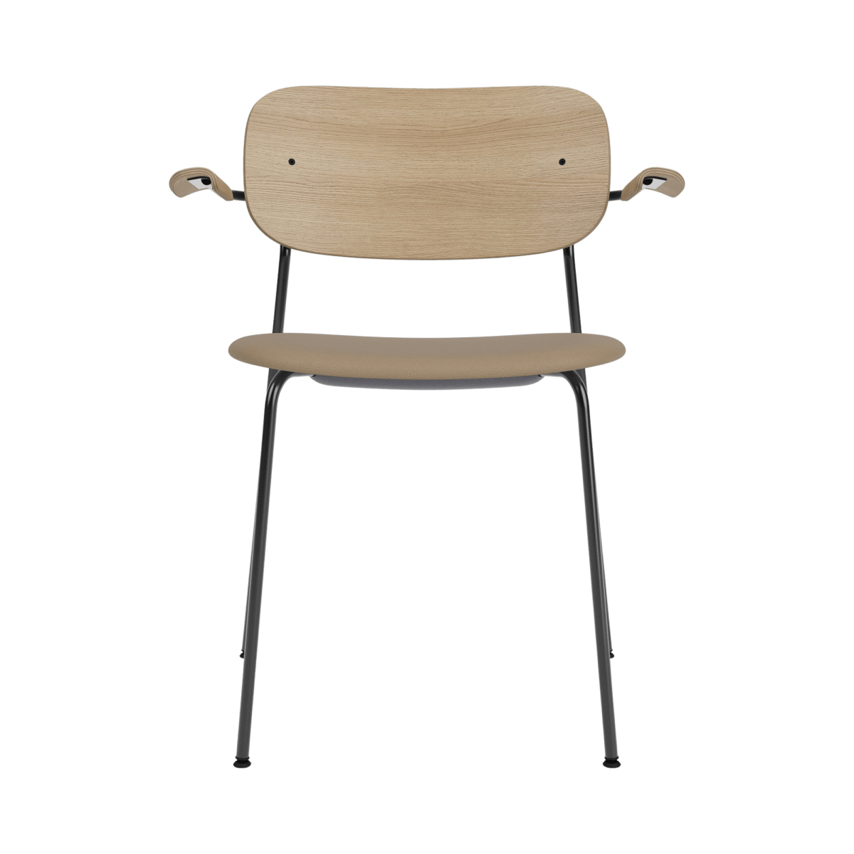 Co Dining Chair with arms, featuring a natural oak back and tan Sierra 1611 upholstered seat on a black steel frame.