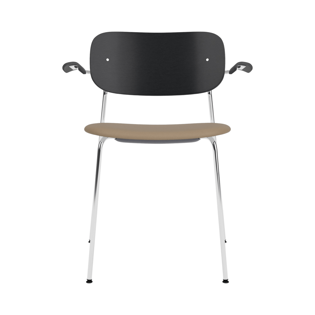 Front view of the Co Dining Chair with Arms, featuring a chrome frame, black oak back, and tan Sierra 1611 leather seat.