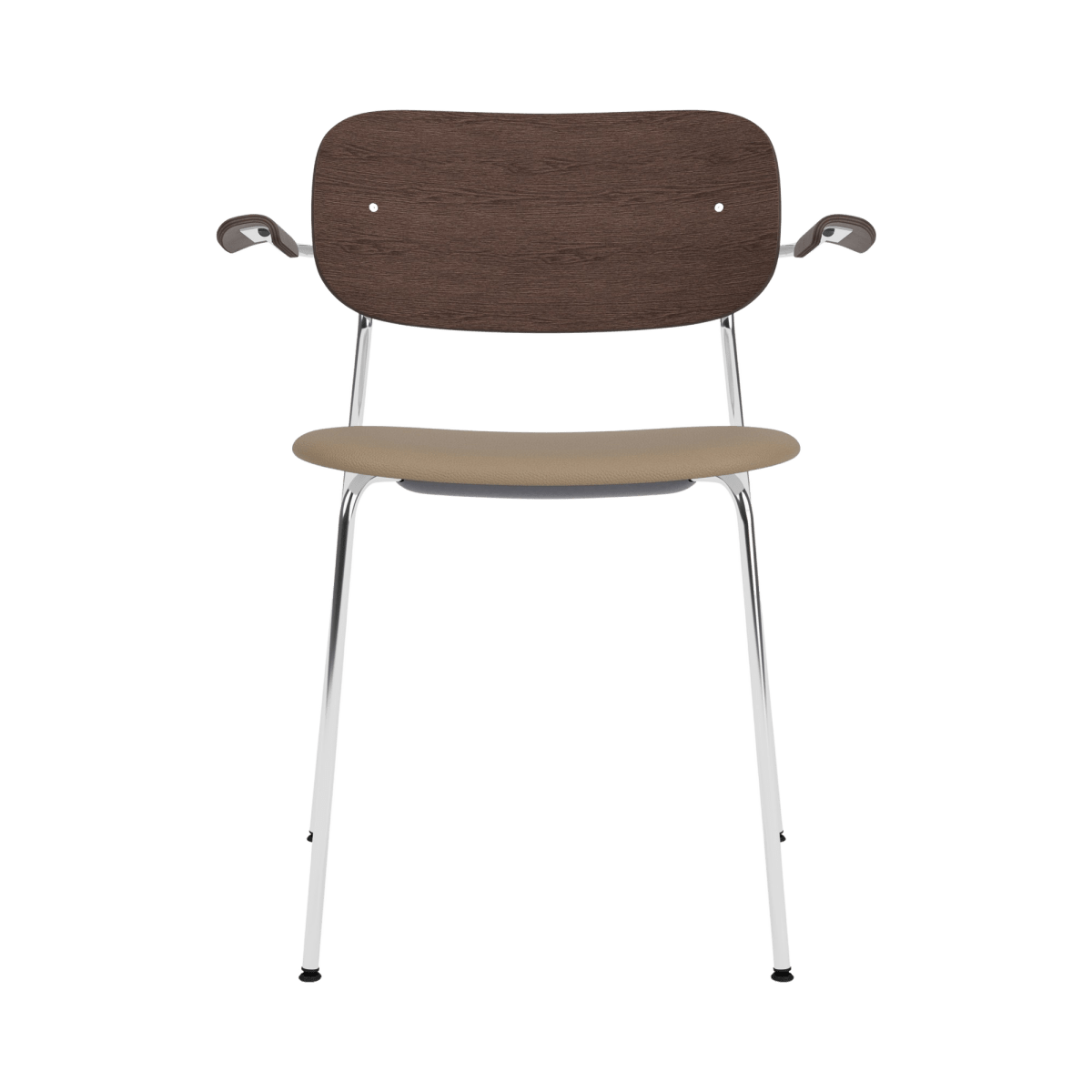 Front view of the Co Dining Chair with Arms, with a chrome frame, dark stained oak back, and tan leather upholstered seat.