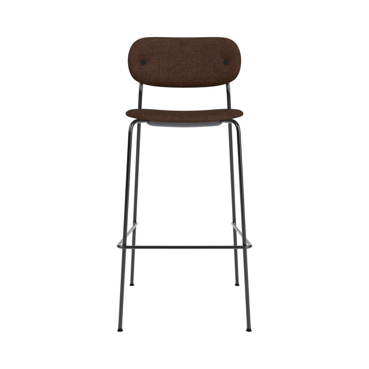 Front view of the Co Bar Chair, Upholstered in dark brown boucle with a slender black powder-coated steel frame.