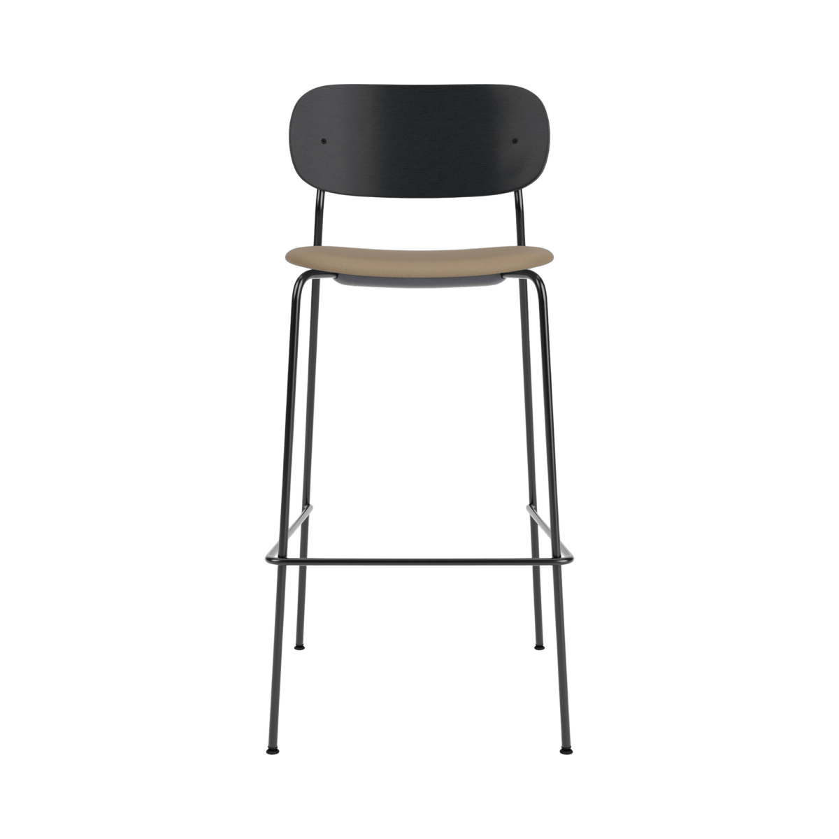Front view of the Co Bar Chair with a black painted oak back and a stone leather seat on a black steel frame.