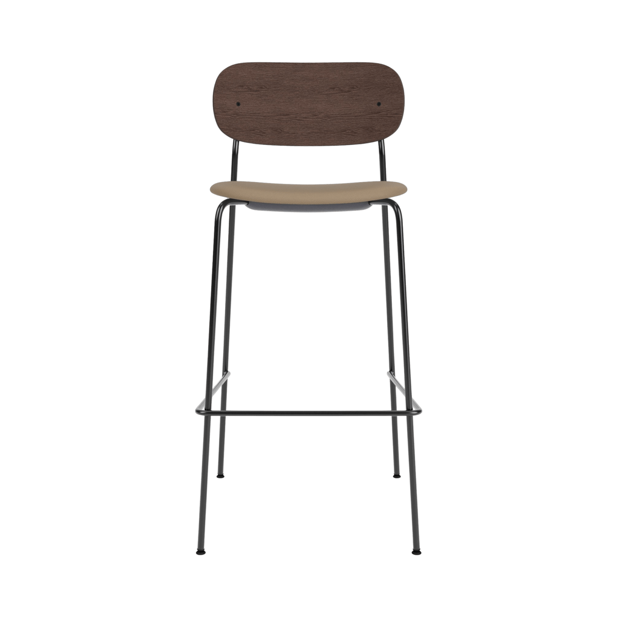 Co Bar Chair featuring a dark stained oak backrest, stone leather upholstered seat, and a slender black steel frame.