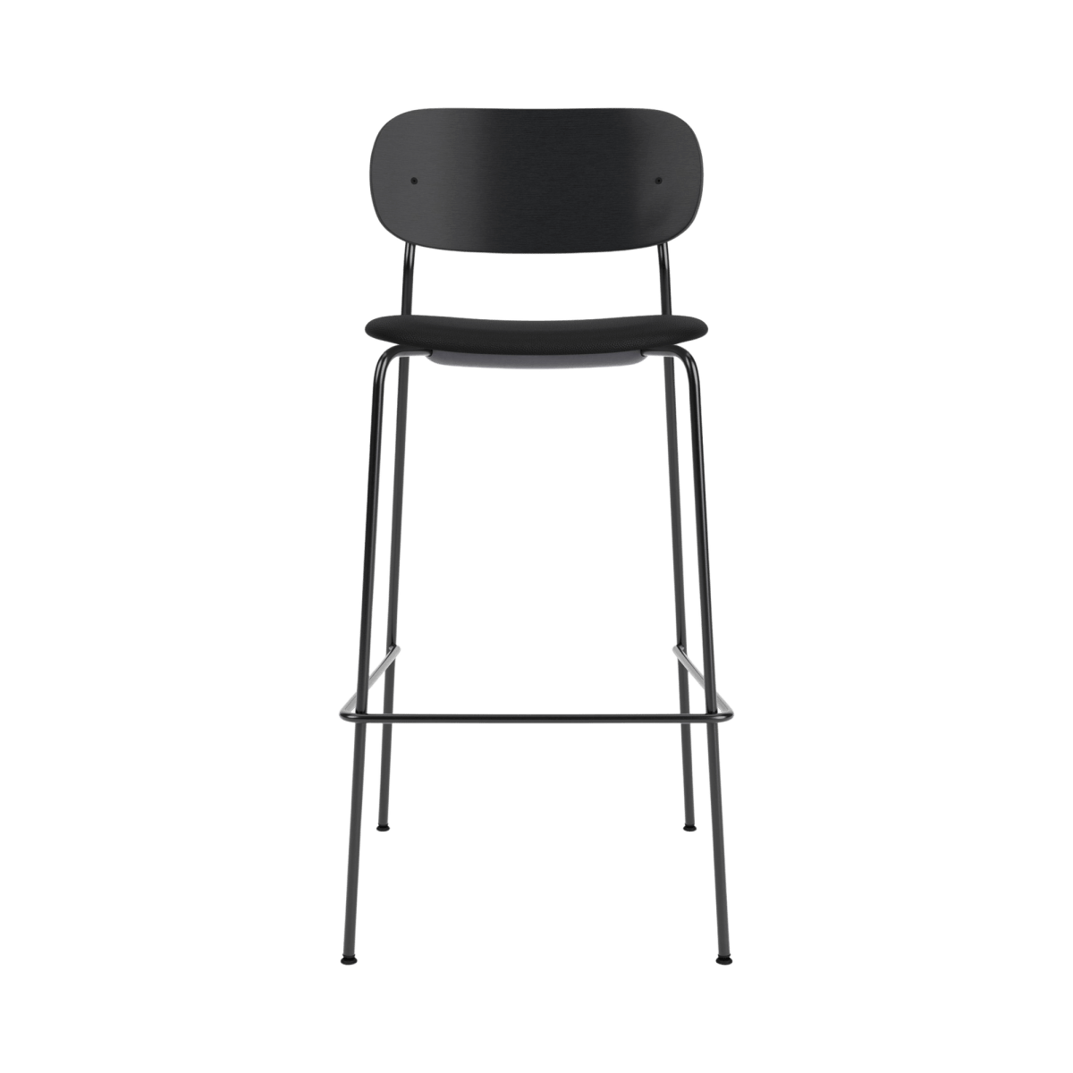 Front view of the Co Bar Chair with a black upholstered seat, black painted oak backrest, and a slender black steel frame.
