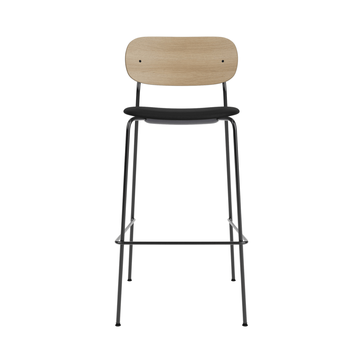 Co Bar Chair with a natural oak backrest and black upholstered seat on a slender black steel frame with a footrest.