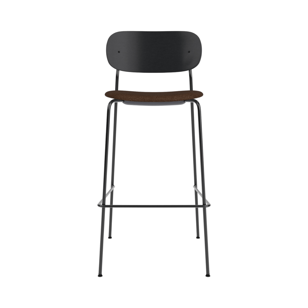 Co Bar Chair featuring a black painted oak back, slender black steel frame, and a brown boucle upholstered seat.
