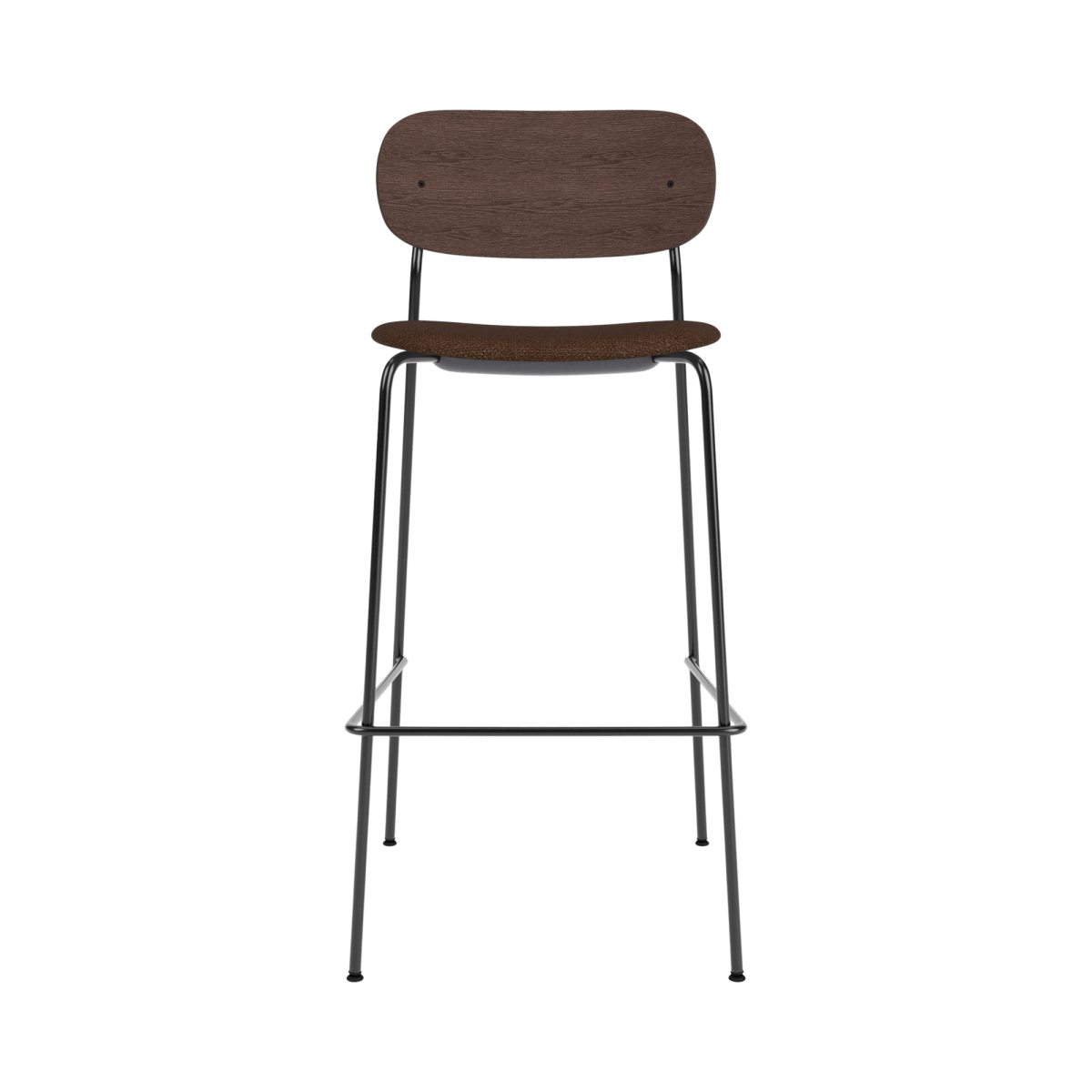Front view of the Co Bar Chair featuring a dark stained oak back, black bouclé seat, and slender black metal frame.