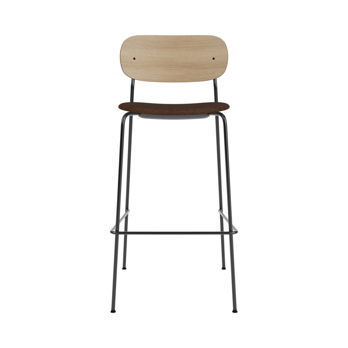 Front view of the Co Bar Chair with a natural oak backrest, black bouclé upholstered seat, and a black steel frame.