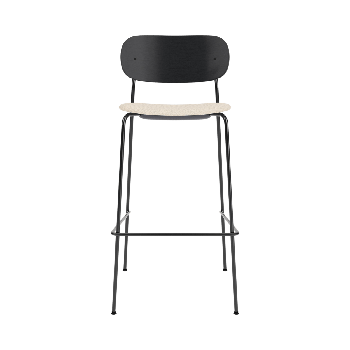 Co Bar Chair featuring a black painted oak back and a light beige upholstered seat on a slender black steel frame.