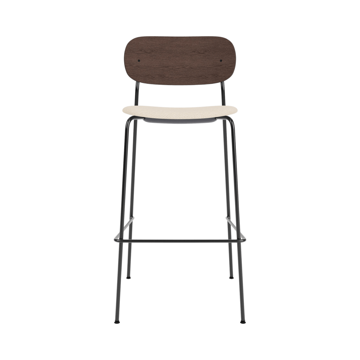 Co Bar Chair featuring a slender black steel frame, dark stained oak backrest, and a light cream upholstered seat.