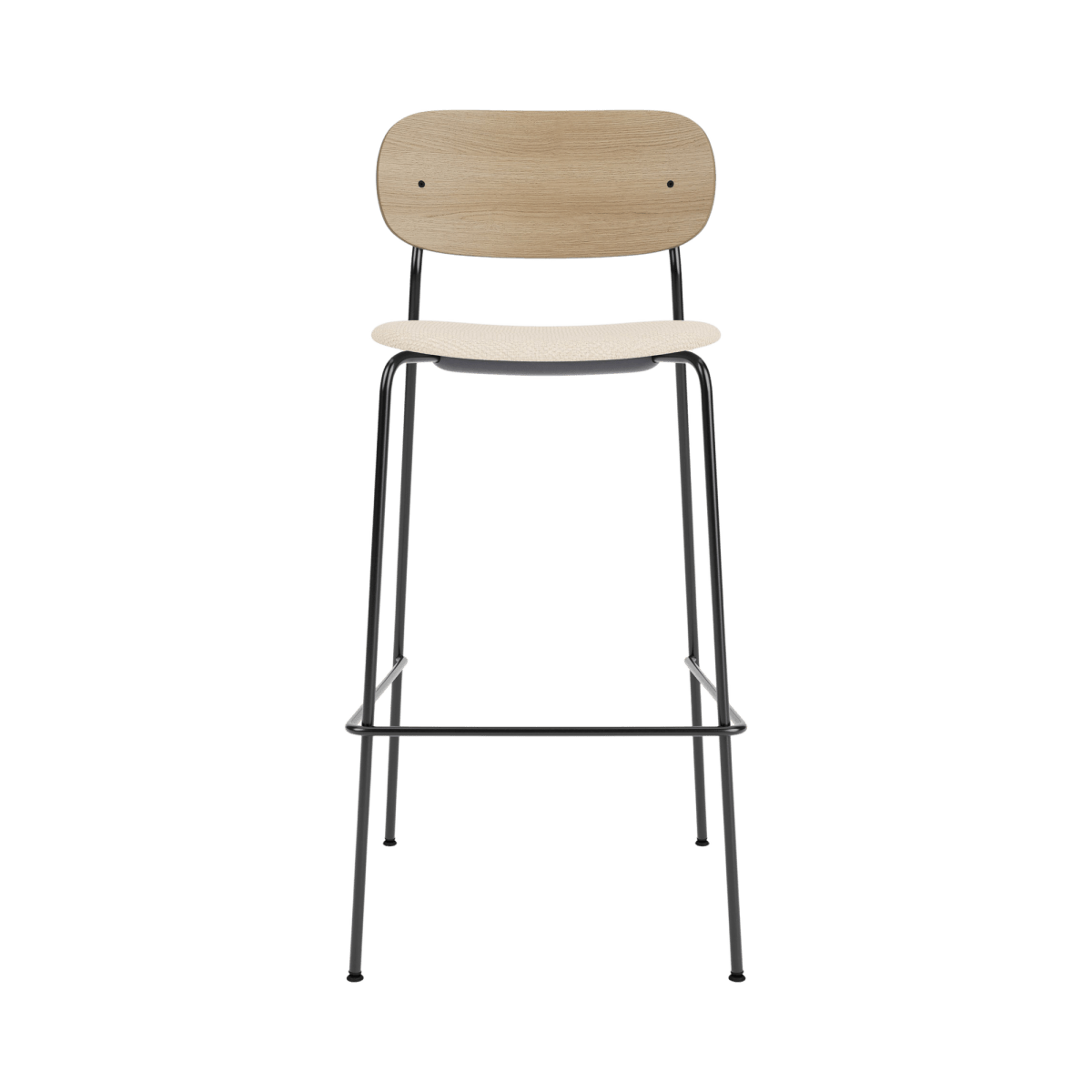 Co Bar Chair with a natural oak backrest, Logan Jasmin upholstered seat and slender black steel frame, seen from the front.