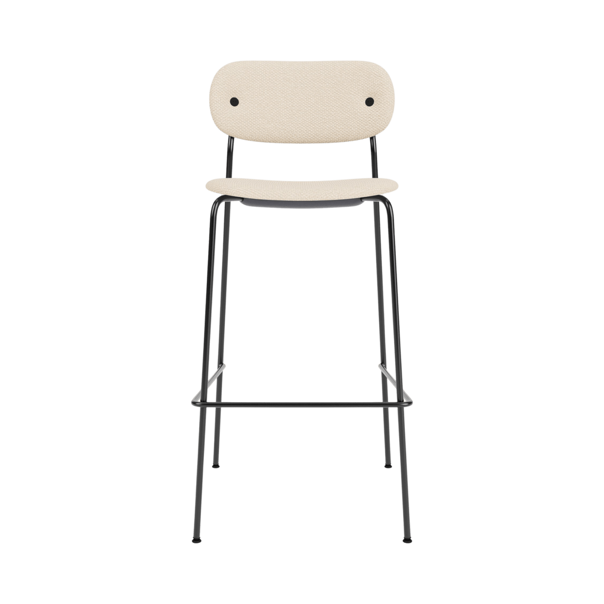 Front view of the Co Bar Chair featuring cream Logan Jasmin upholstery on a slender black powder-coated steel frame.