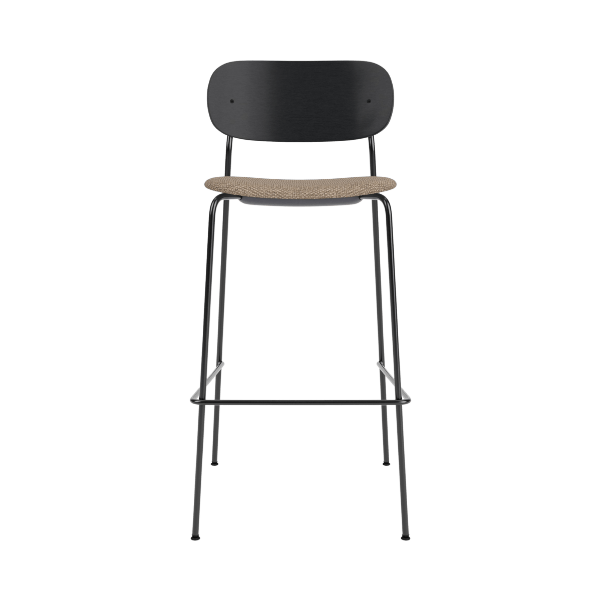 Front view of the Co Bar Chair featuring a wide black oak back, Logan Flint upholstered seat, and slender black steel frame.