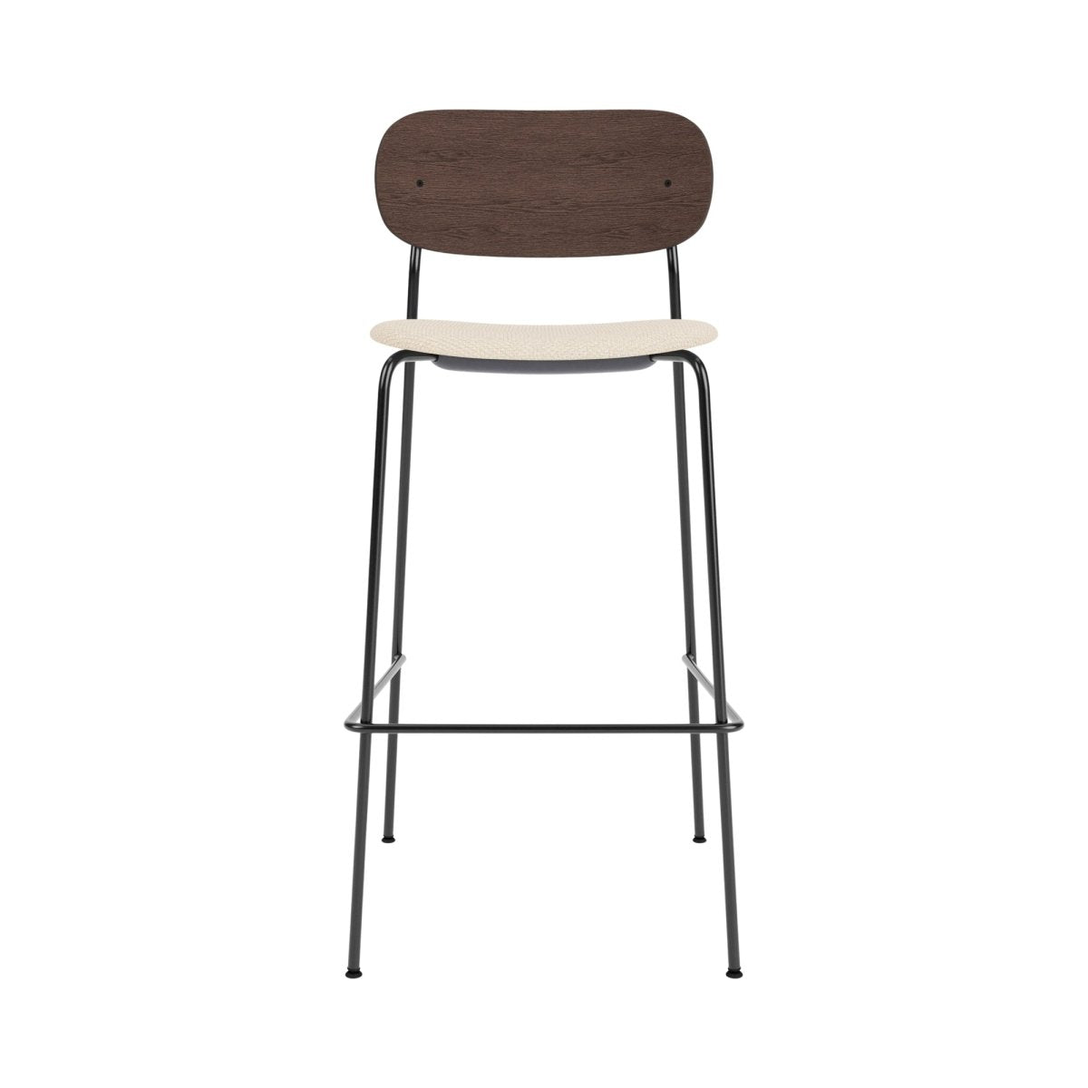 Co Bar Chair featuring a dark stained oak back, cream upholstered seat, and slender black powder-coated steel frame.