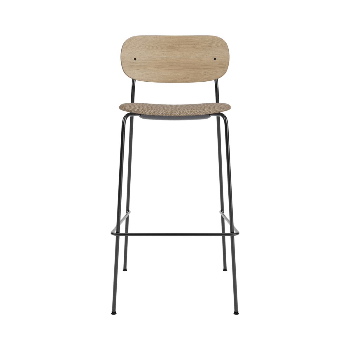 Co Bar Chair featuring a natural oak backrest, Logan Flint upholstered seat, and a slender black powder-coated steel frame.
