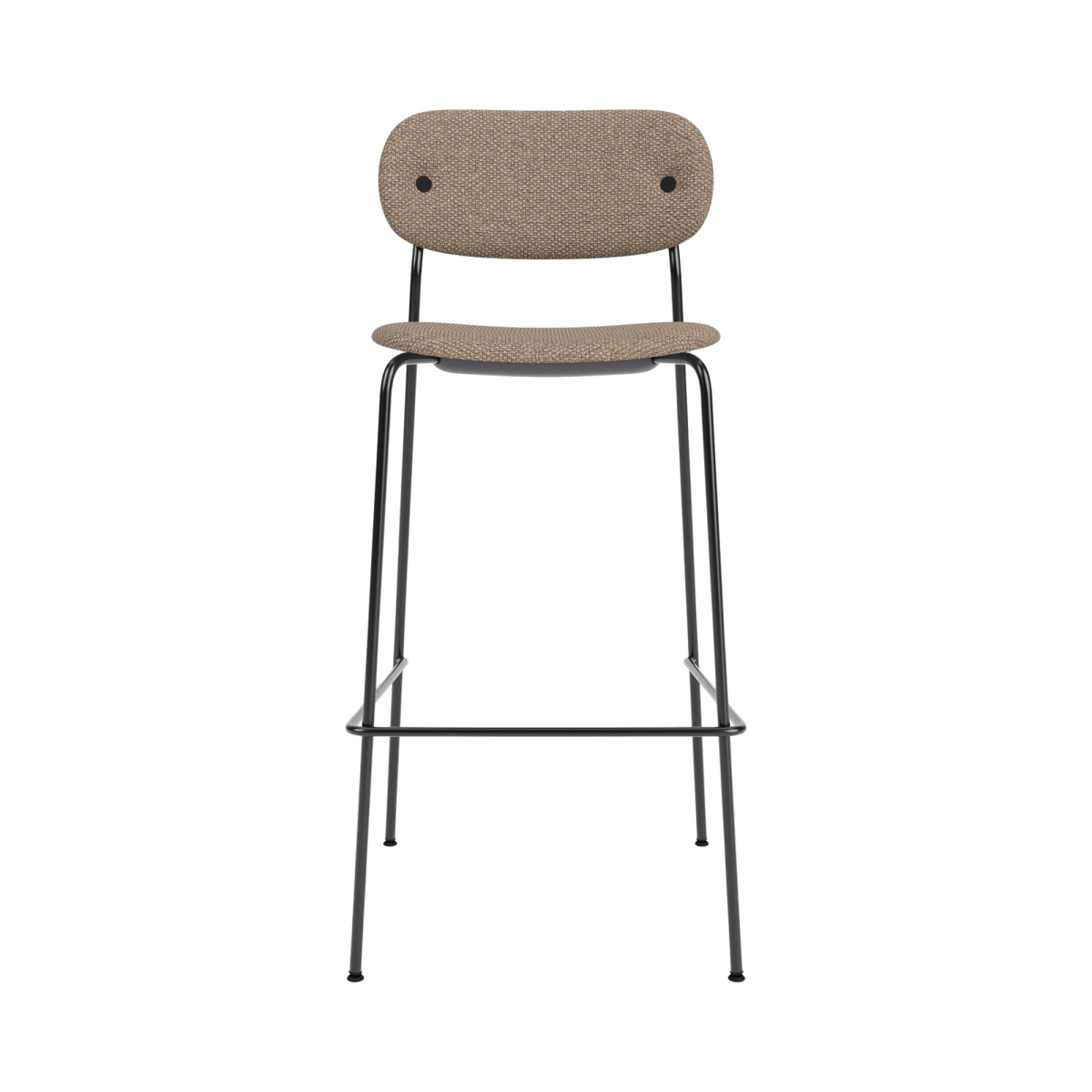 Front view of the Co Bar Chair featuring a slender black steel frame and textured Logan Flint fabric upholstery.