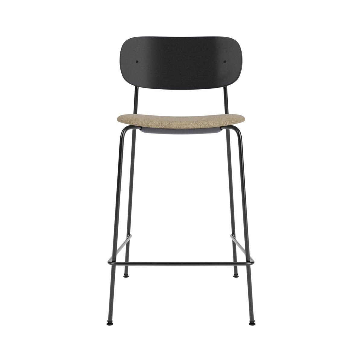 Co Counter Chair featuring a black painted oak back, slender steel frame, and a textured beige bouclé upholstered seat.