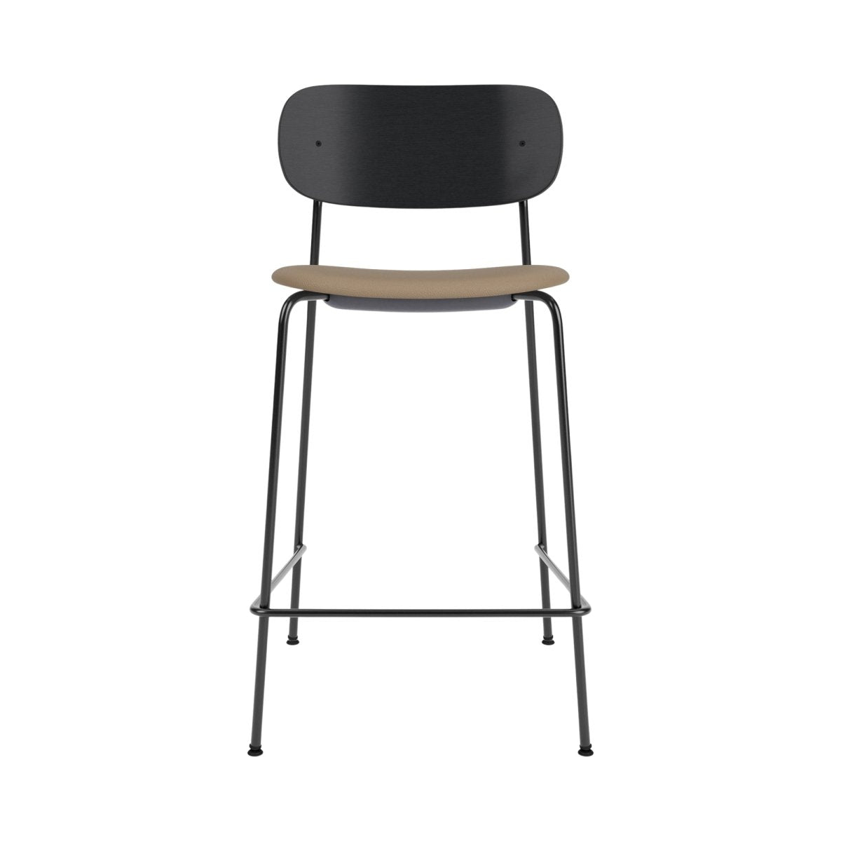 Front view of the Co Counter Chair featuring a black painted oak back, tan Sierra leather seat, and black steel frame.