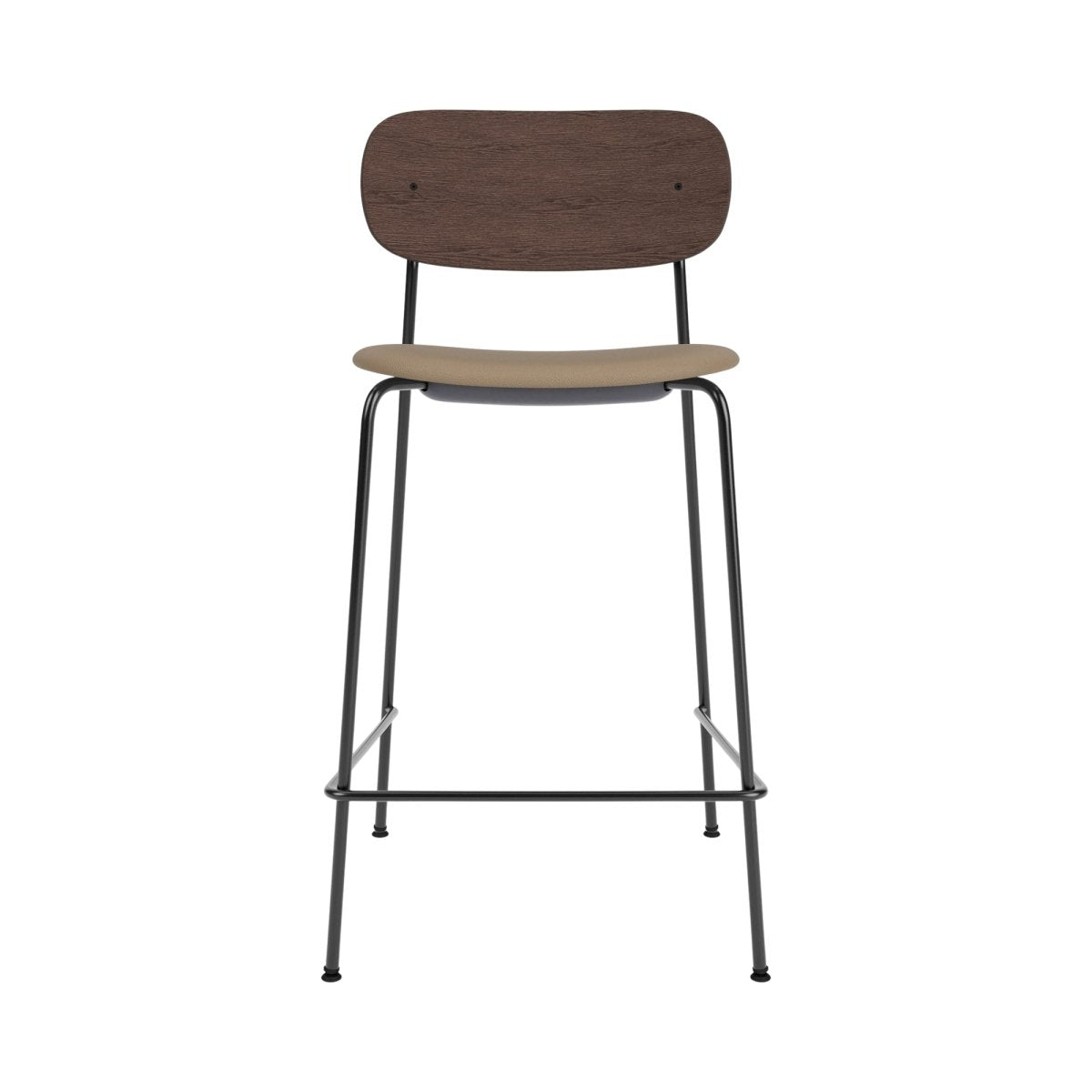 Co Counter Chair shown from the front with a dark stained oak back, tan Sierra upholstered seat, and black steel frame.