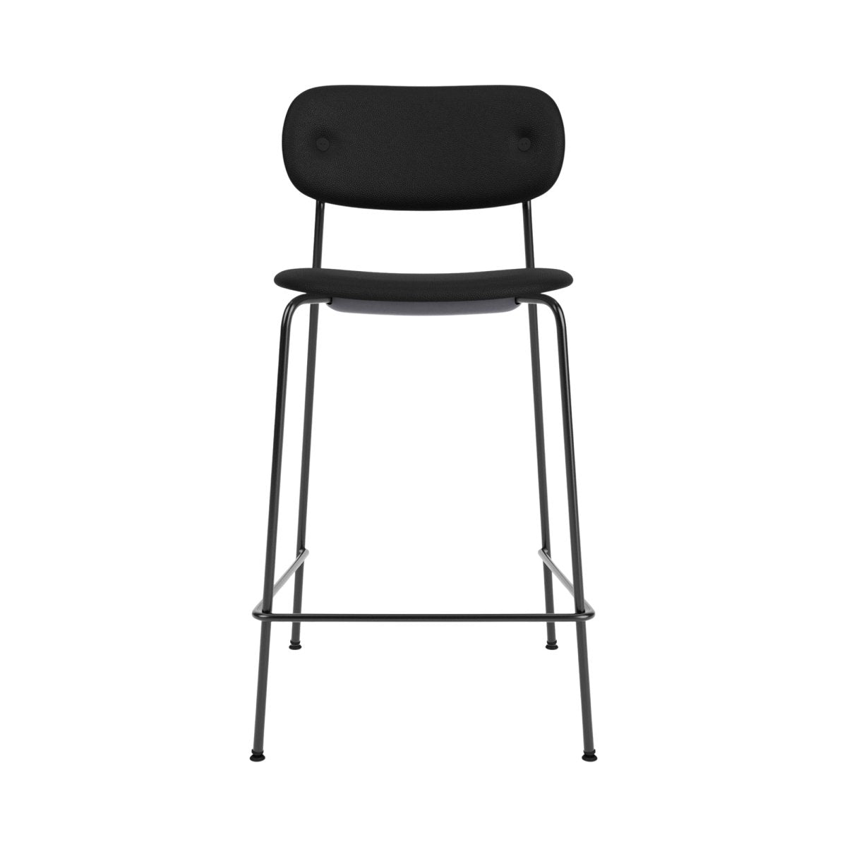 Front view of the Co Counter Chair, Upholstered, featuring a slender black steel frame and black leather upholstery.